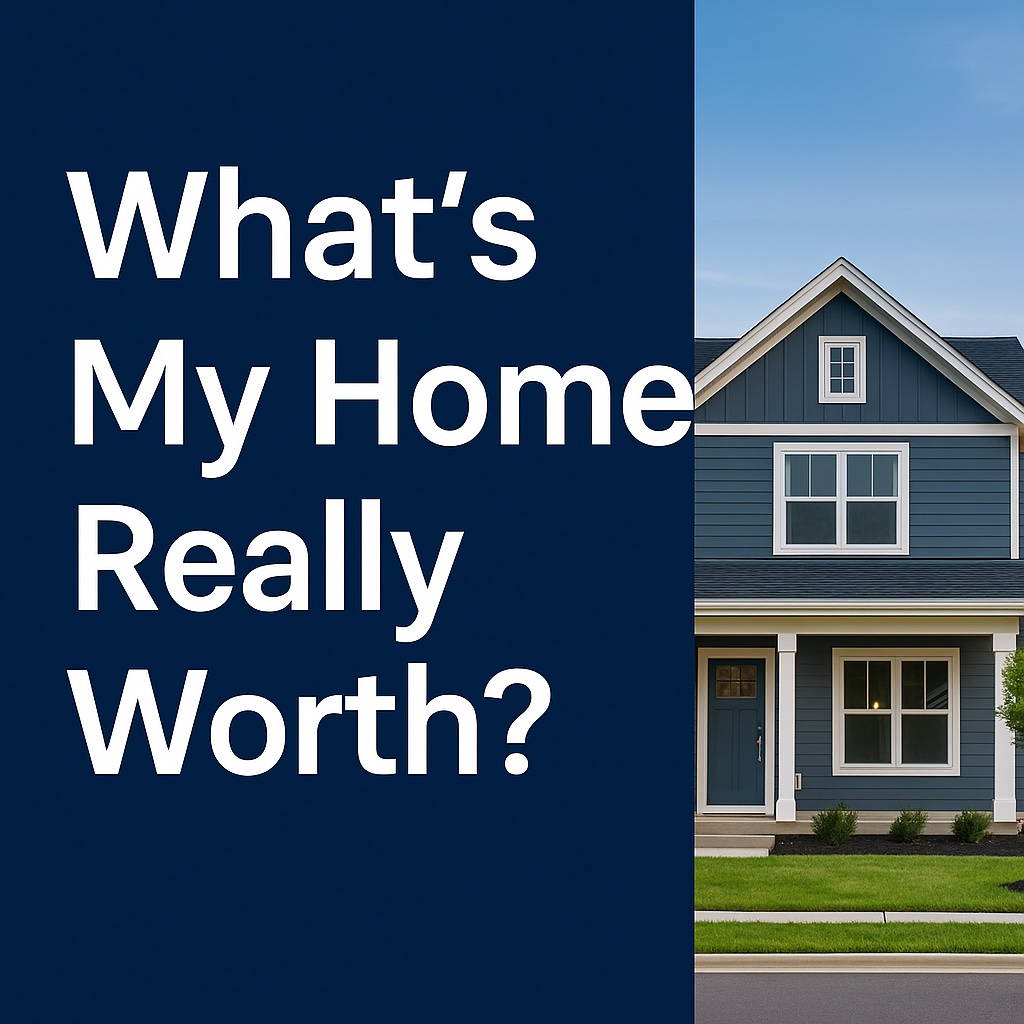 Modern blue two-story home with white trim under a clear sky, representing home value and pricing in real estate.